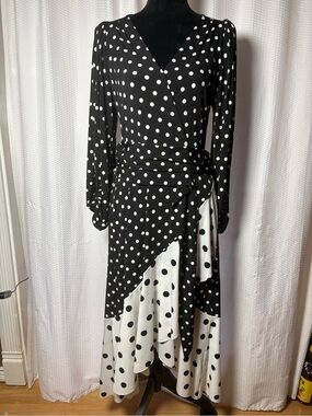 Cato Black & White Polka Dot V-neck Midi Dress Ruffled Hem Long Sleeve Size S
